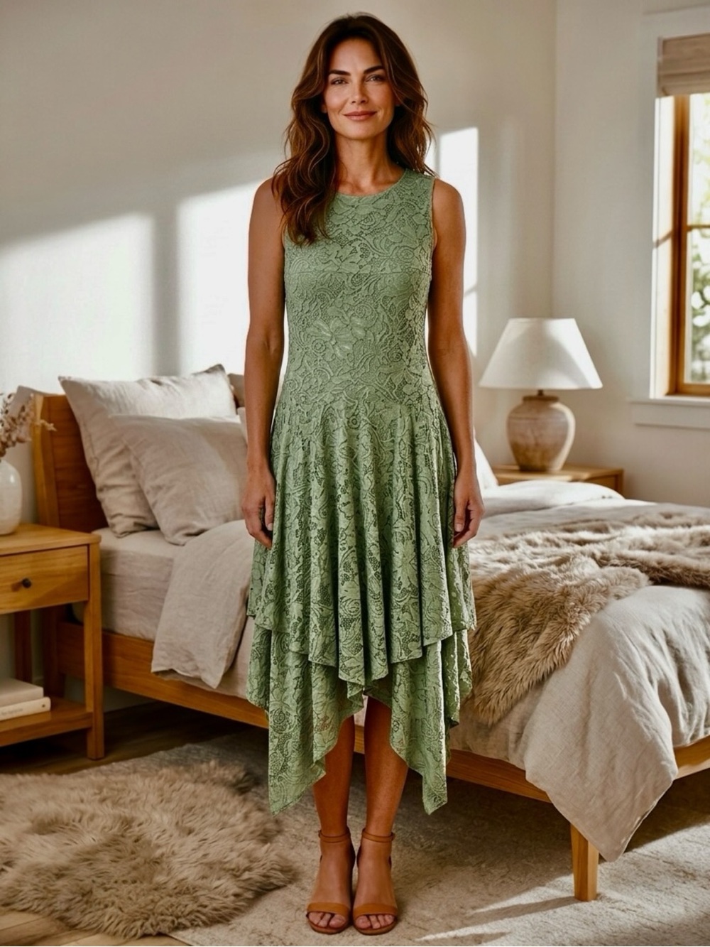 Egy Sage Green Lace Handkerchief Hem Dress XL Sleeveless Floral High Low  USA